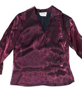 Vintage Shimmer Metallic Purple Button Down with Ruffle Sleeve Detail